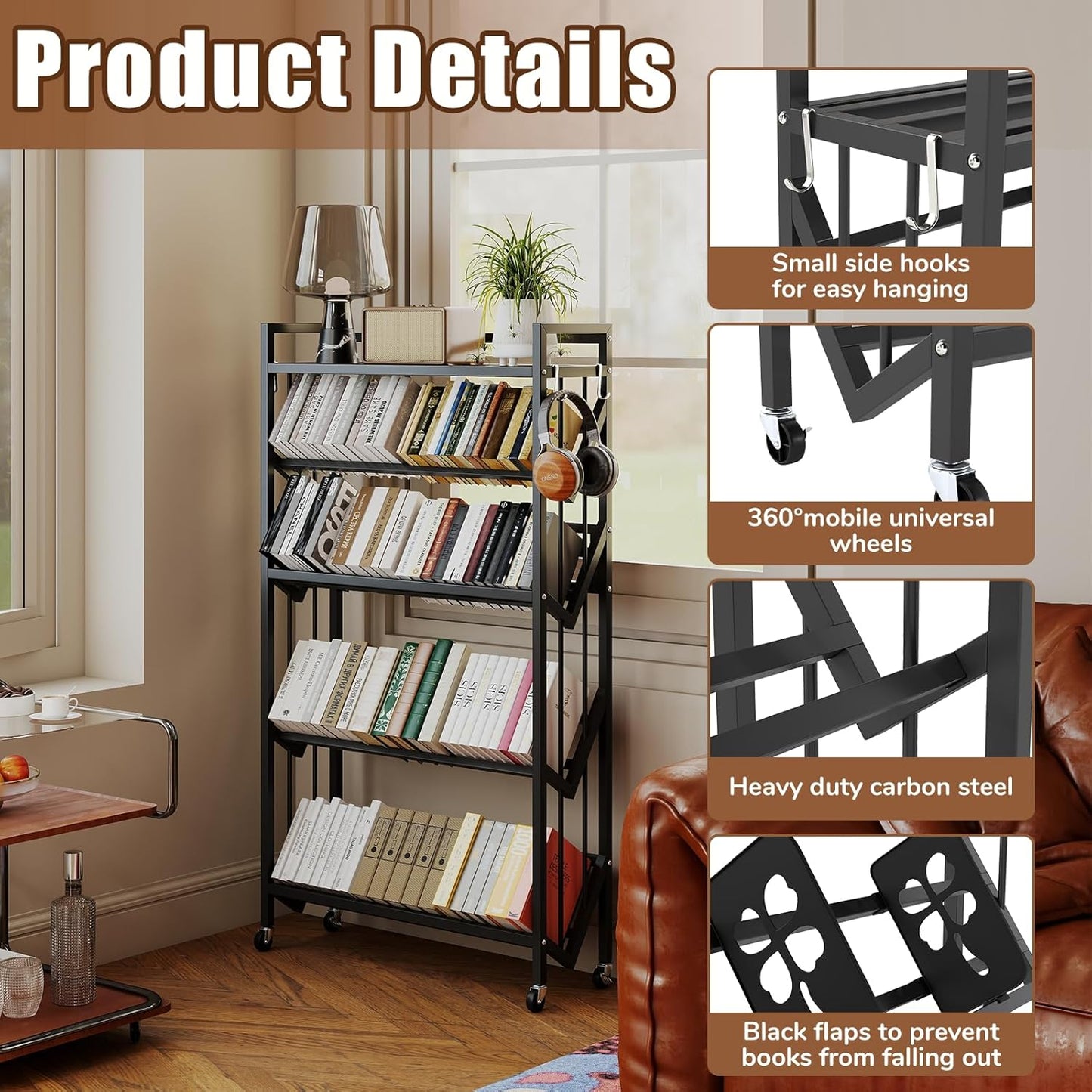 Book Carts 5 Tier 57.7x35.4x9.84 in Rolling Book Cart Large Capacity Bookshelf Storage Rack Mobile Book Storage with Wheels Cart for Home Office Living Room Classroom (5 Tier Black)