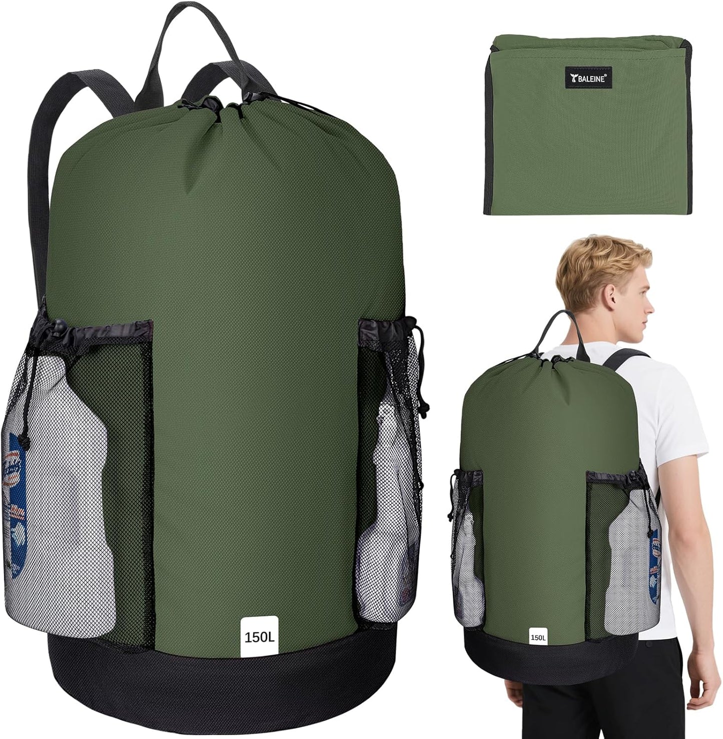 BALEINE 150L Laundry Bag Backpack, 900D Oxford Fabric Large Travel Laundry Bags with Shoulder Straps and 2 Mesh Pockets for College Dorm, Apartment, Laundromat (Green, 150L)