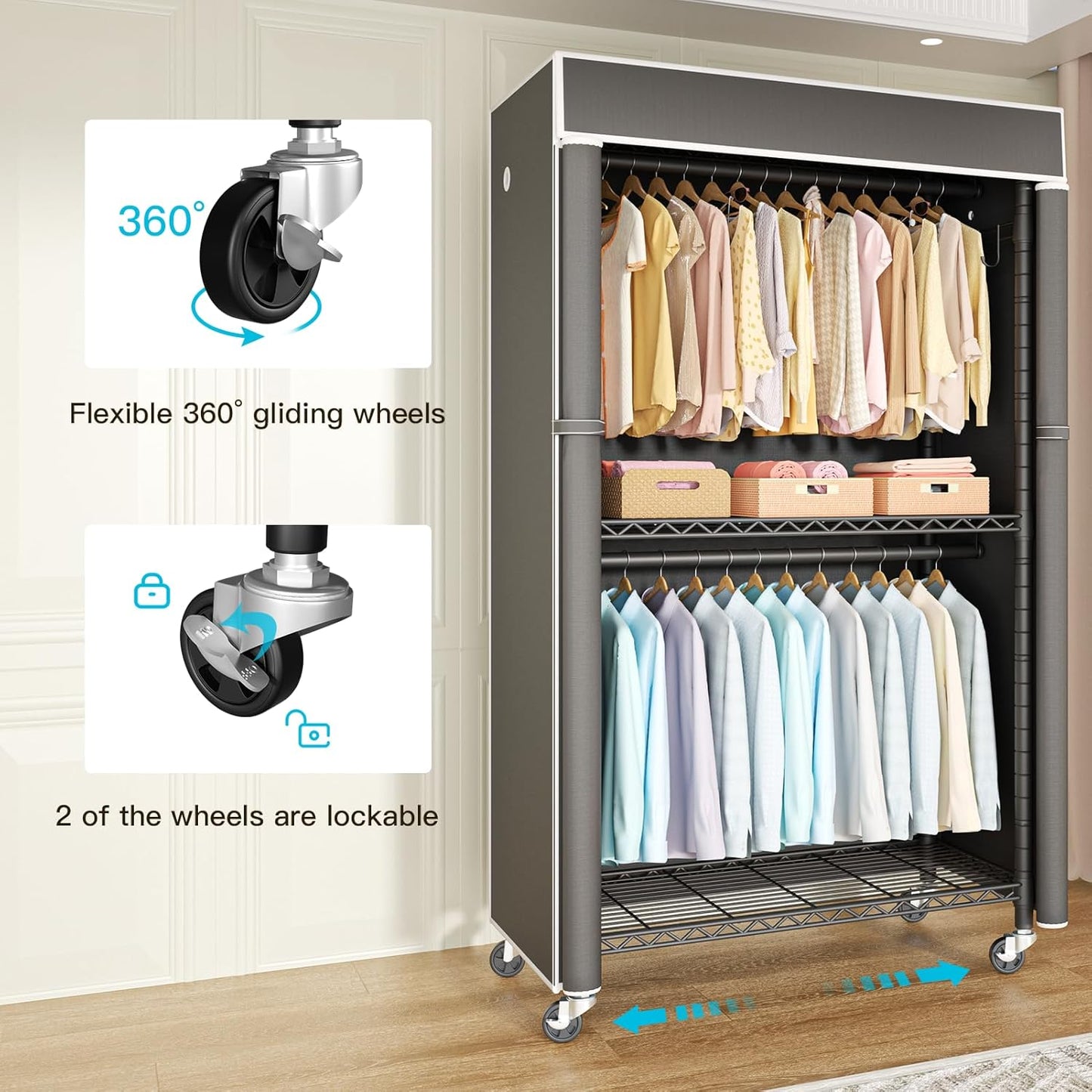 FUTASSI Black Clothing Rack with Dark Gray Cover, P1C Rolling Closets with Wheels, Metal Garment Rack for Hanging Clothes, Clothing Storage Wardrobe, 36.2" W x 16.5" D x 80.5" H, Load 450 Pounds