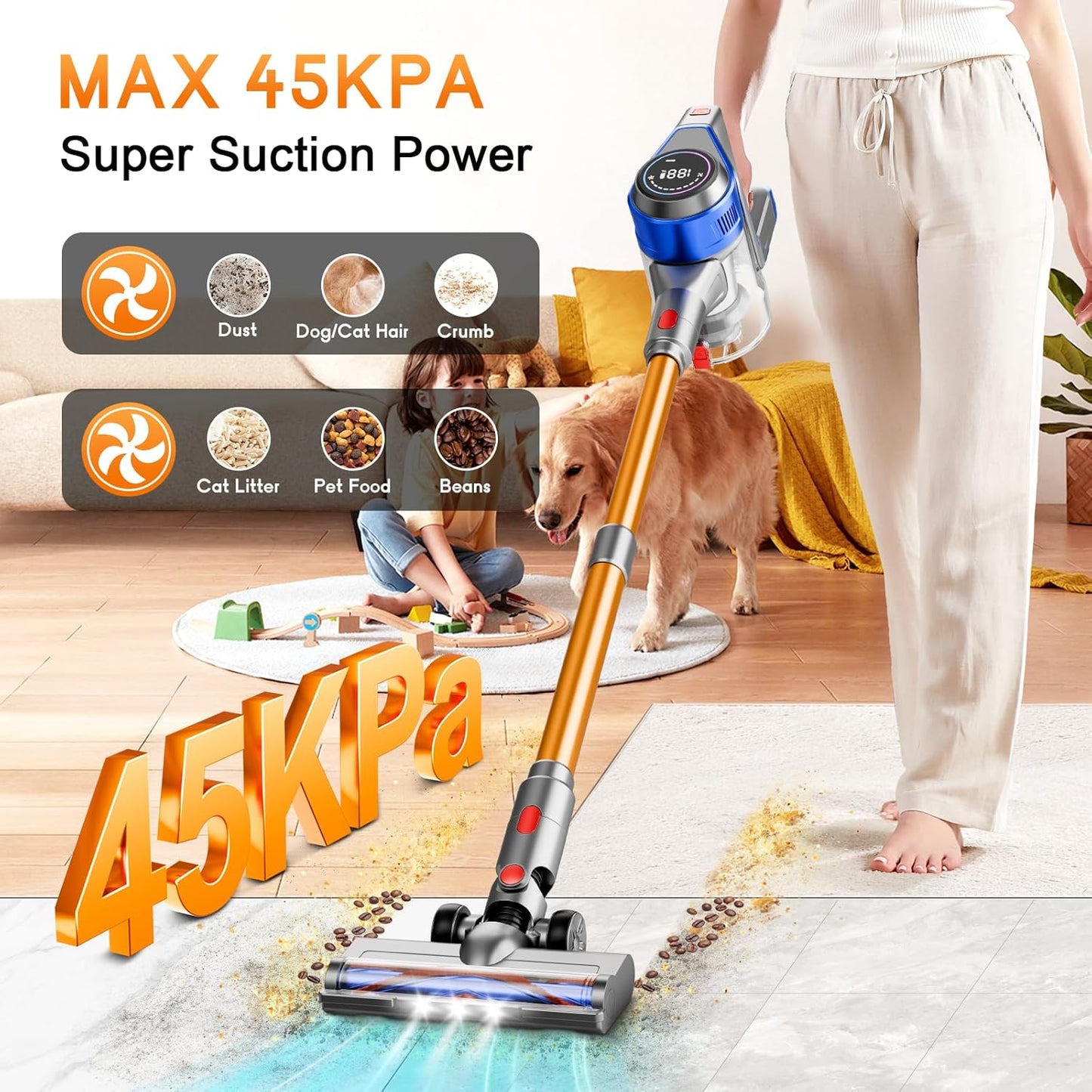 Cordless Stick Vacuum Cleaner - Rechargeable, 45Kpa Powerful Vacuums with Detachable Battery Display, Max 45Mins Runtime, 8 in 1 Handheld Vacuum for Hardfloor & Carpets Pet Hair