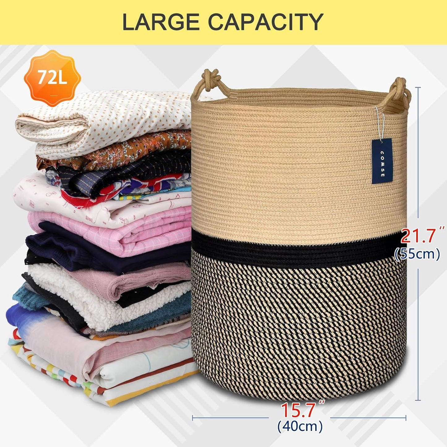 COMSE Extra Large Blanket Basket, Tall Woven Storage Basket, Nursery Hamper, 15.7”x 21.7”, Cotton Rope Laundry Hamper for Toys Clothes Towels, Blend Brown/Black