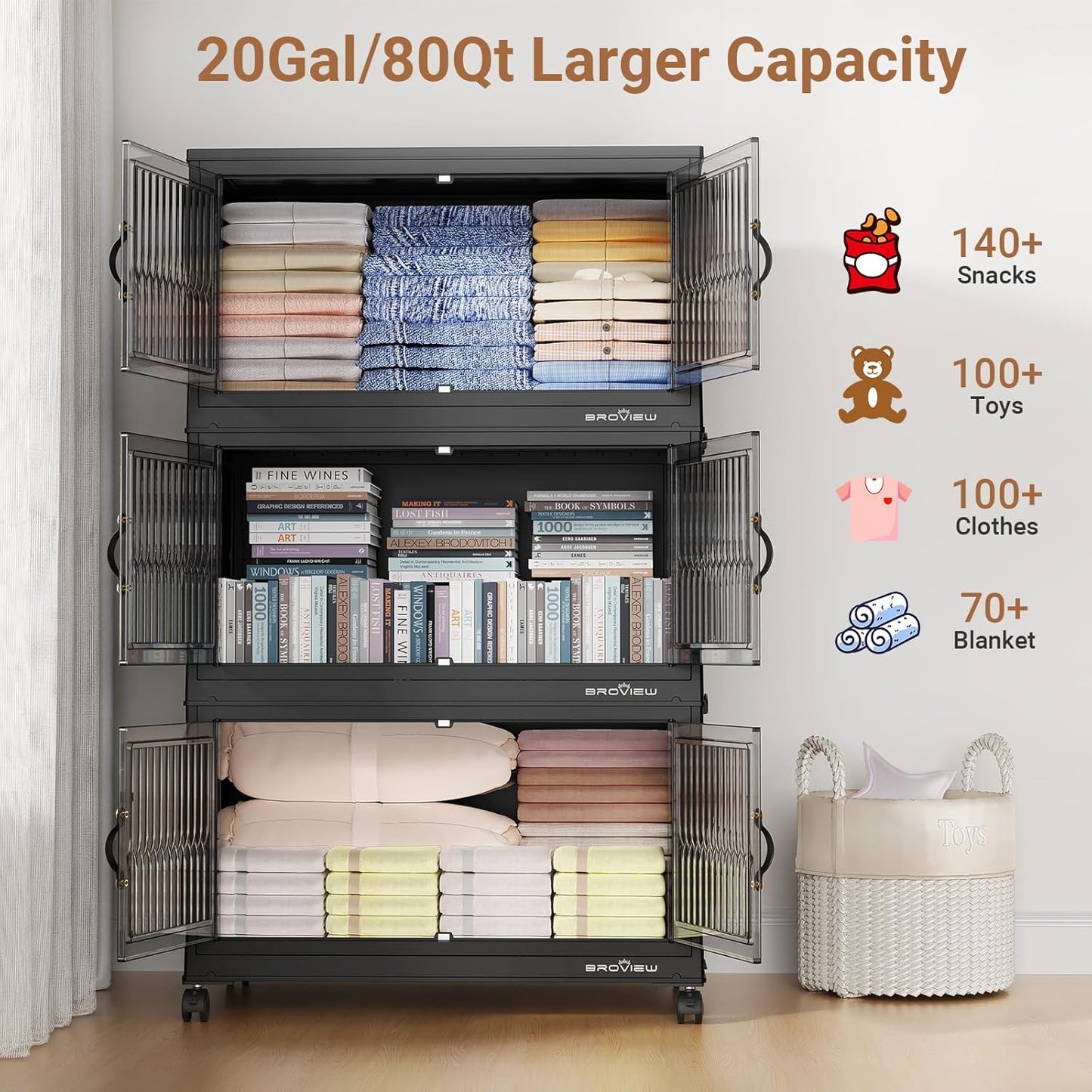 BROVIEW 400Qt Stackable Storage Bins with Lid, Extra Large Closet Organizer Collapsible Drawer Boxes with Wheels, Folding Plastic Cabinet Containers for Home Kitchen Room Organization, 5Pack Black