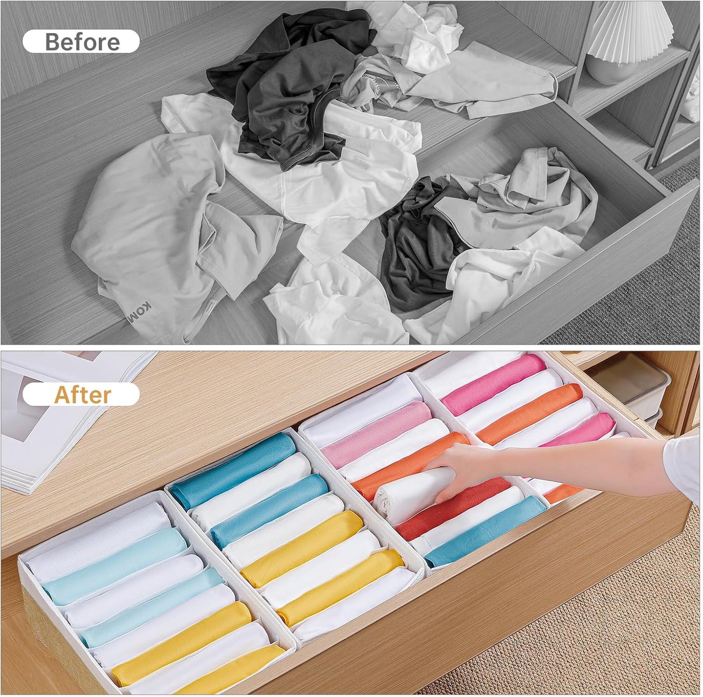 4 Packs T-shirt Drawer Organizers for Clothing,8 Grids Compartment Wardrobe Storage Box, Washable Clothes Organizer for Folded Clothes, Legging, Silk Scarve-12.59''x9.05''x5.9-BeigeWhite