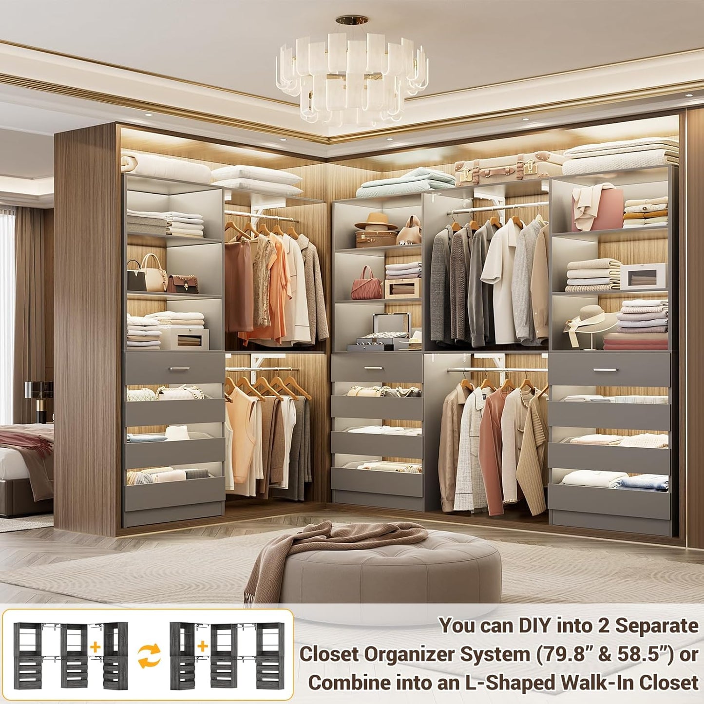 Aheaplus Closet System Set of 3, 138.5" Wood Closet Organizer System Tower with 12 Drawers & 4 Hanging Rods, 6.7+4.85Ft L Shaped Walk-in Closets Wardrobe Organizer Garment Rack with Shelves, Grey