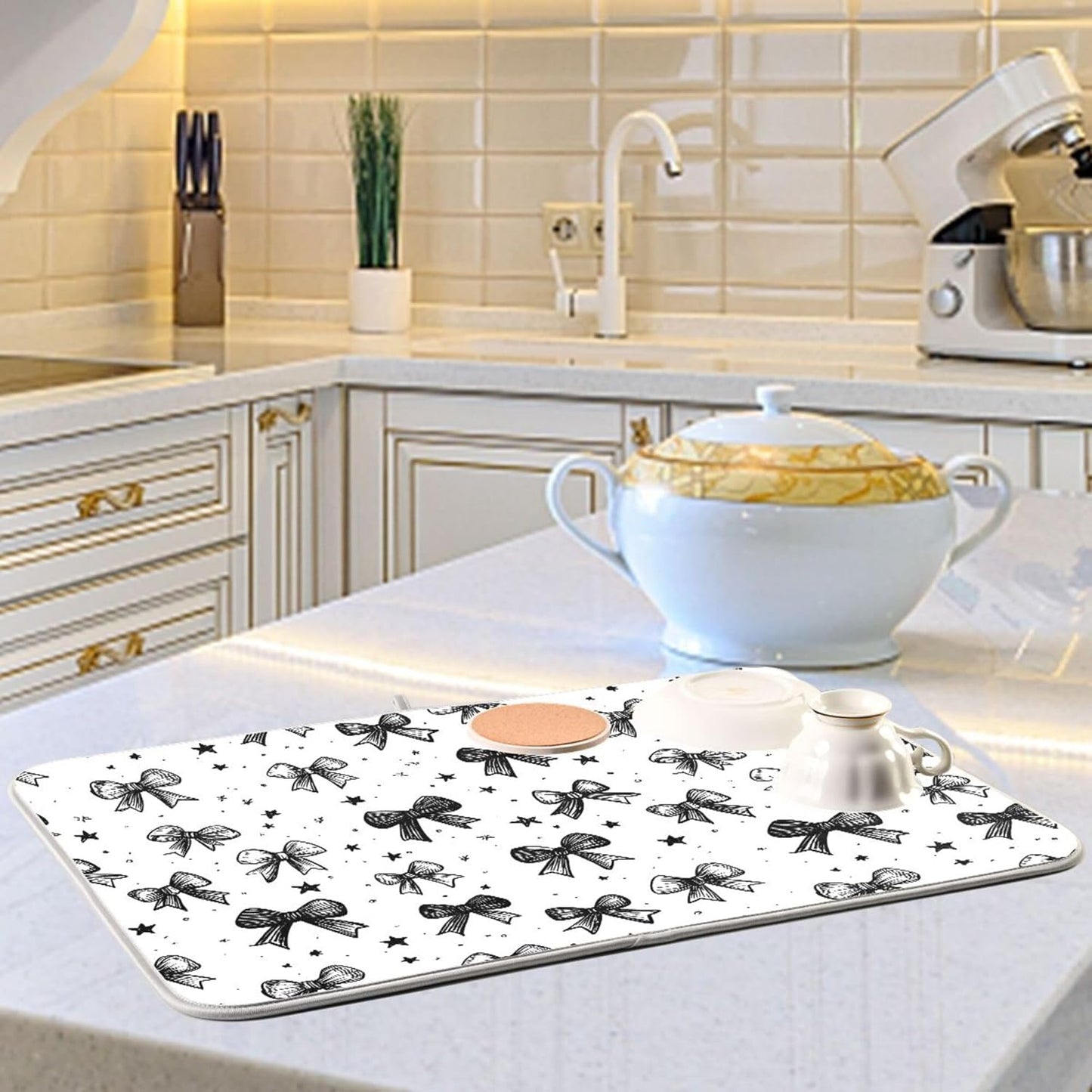 Black White Bowknot Dish Drying Mat for Kitchen Countertop 16x18 Rectangle Bow Small Drying Mat Reusable Quick Dry Dish Sink Absorbent Mats Dishwasher Easy Clean Decorative Home Decor Essentials