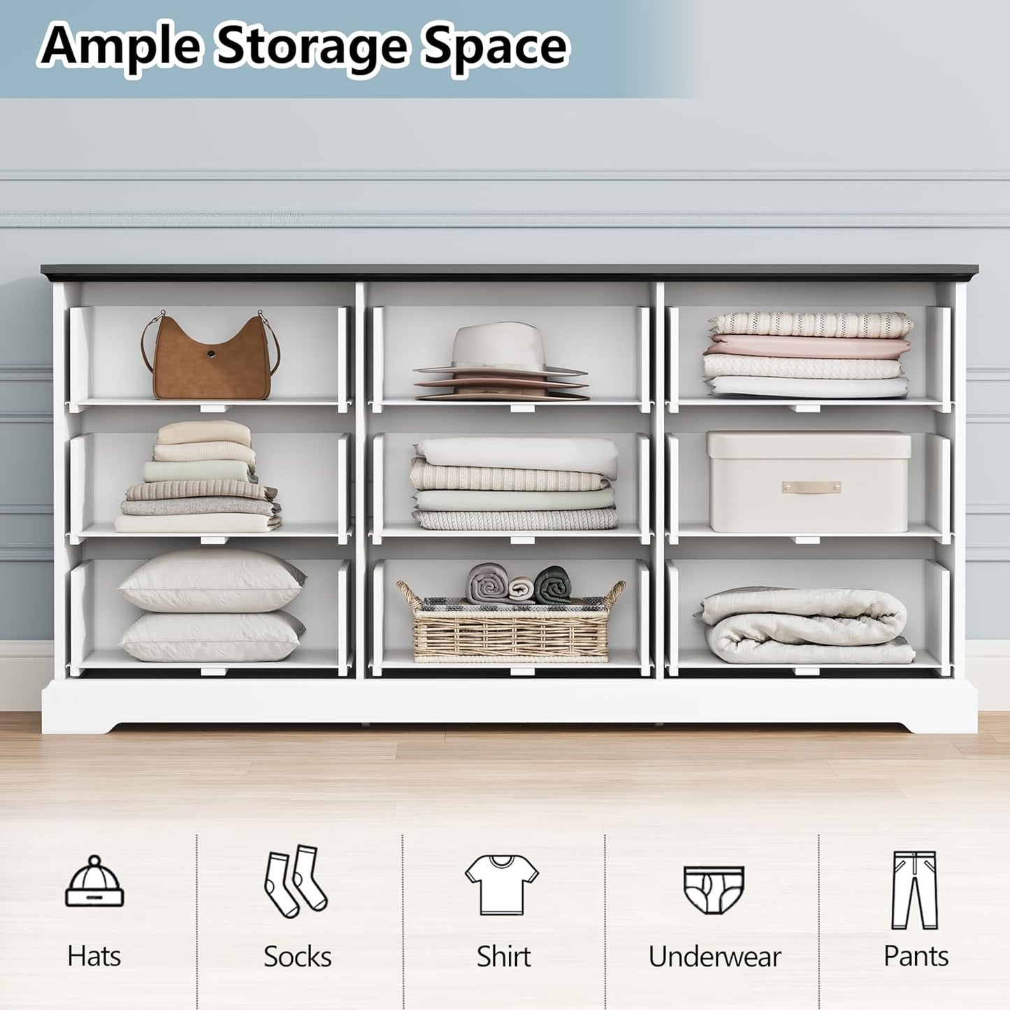 9 Drawer Dresser for Bedroom, 63" Wide Wooden Chest of Drawers, Rustic Farmhouse Dresser with Large Drawers & Metal Handles, Modern Storage Organizer for Closet, Living Room, Hallway, White