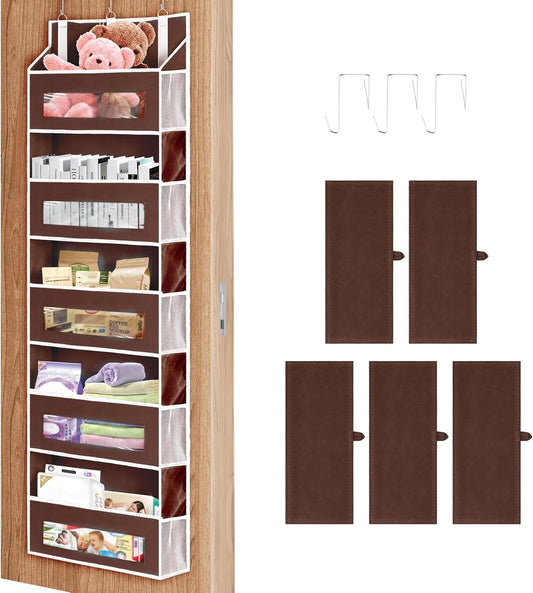 5-Tier Over The Door Storage Organizer with 10 Side Mesh Pockets, 48 lbs Load Capacity, 3 Hooks Design, Door Hanging Organizer with Clear Windows for Bathroom, Bedroom, Nursery, Kitchen-Brown