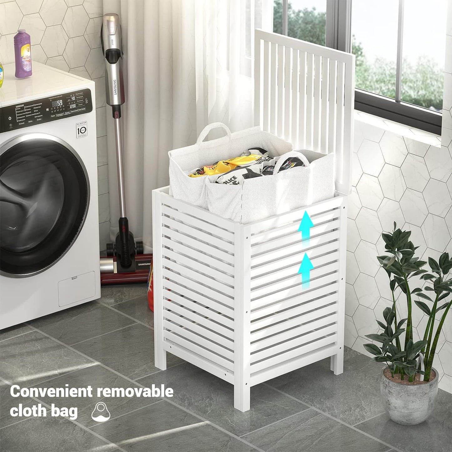 Homykic Bamboo Laundry Hamper with Lid, 120L Large Clothes Laundry Sorter with Removable 2-Section Liner Bag, Raised Laundry Basket Organizer for Clothing, Bathroom, Bedroom, Laundry Room, White