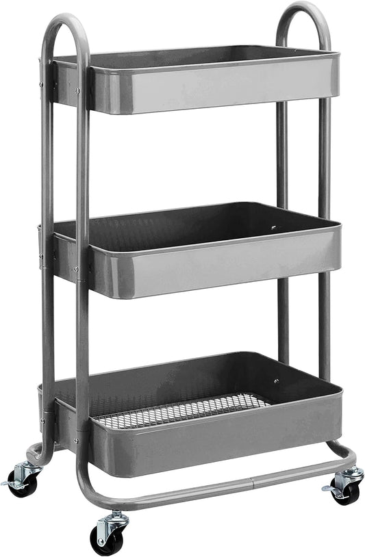 Amazon Basics 3-Tier Rolling Utility or Kitchen Cart, Lockable Wheels, Multifunctional Storage, Charcoal