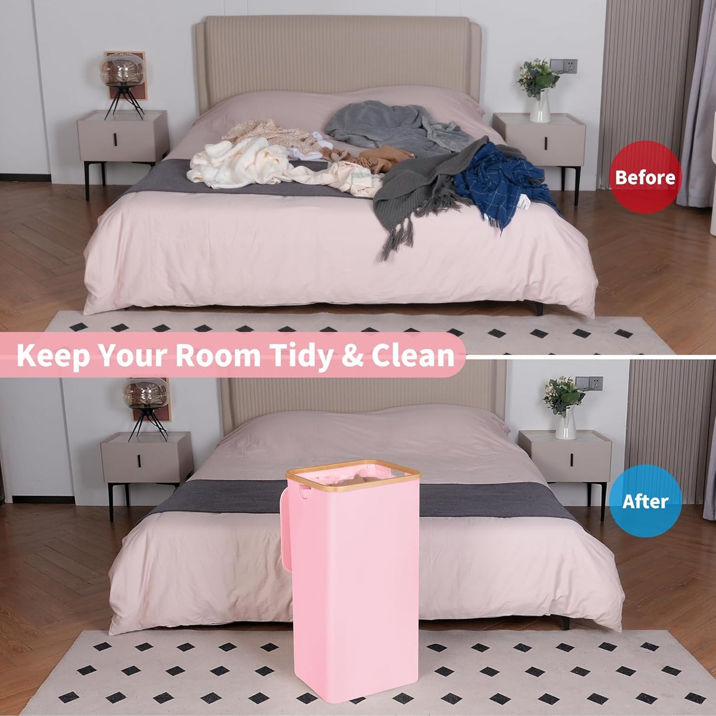 26 Gal Laundry Basket with Lid and Net Bag, Tall Laundry Hamper with Bamboo Handles, Aesthetic Dirty Clothes Bin for Laundry Room, Bathroom, Bedroom and Dorm, Pastel‌