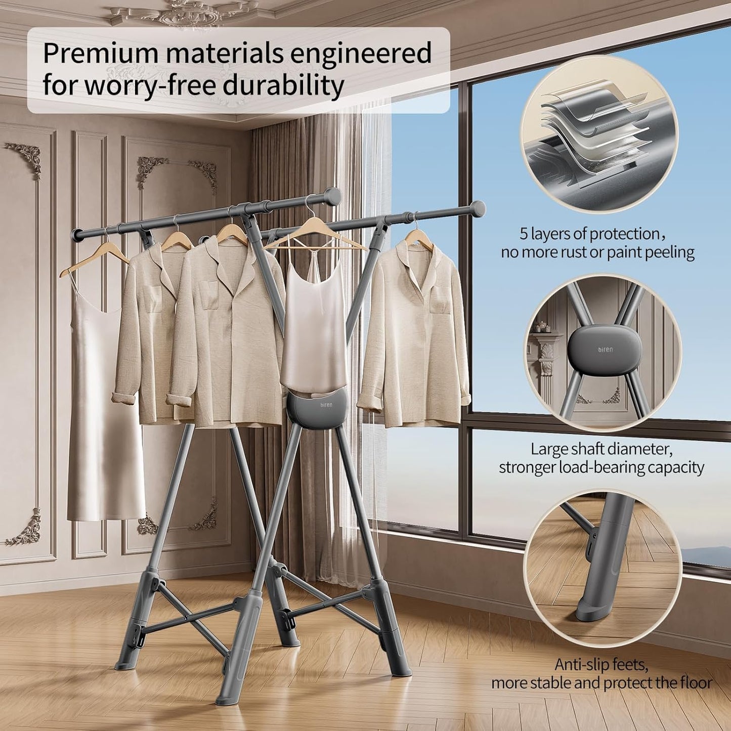 BIREN Clothes Drying Rack Heavy Duty Clothing Racks Extending Laundry Rack Two Drying Modes Garment Racks for Drying Clothes, Adjustable Length from 32-55 Inches for Indoor Outdoor Use