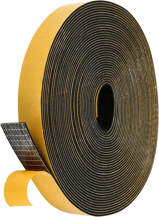 Black Weather Stripping Door Seal Strip (3/5 Inch X 1/16 Inch X 32Feet), Strong Adhesive, Lightproof, Soundproof, Weatherproof Foam Tape Insulation for Sliding Door, Front Door Frame, Windows