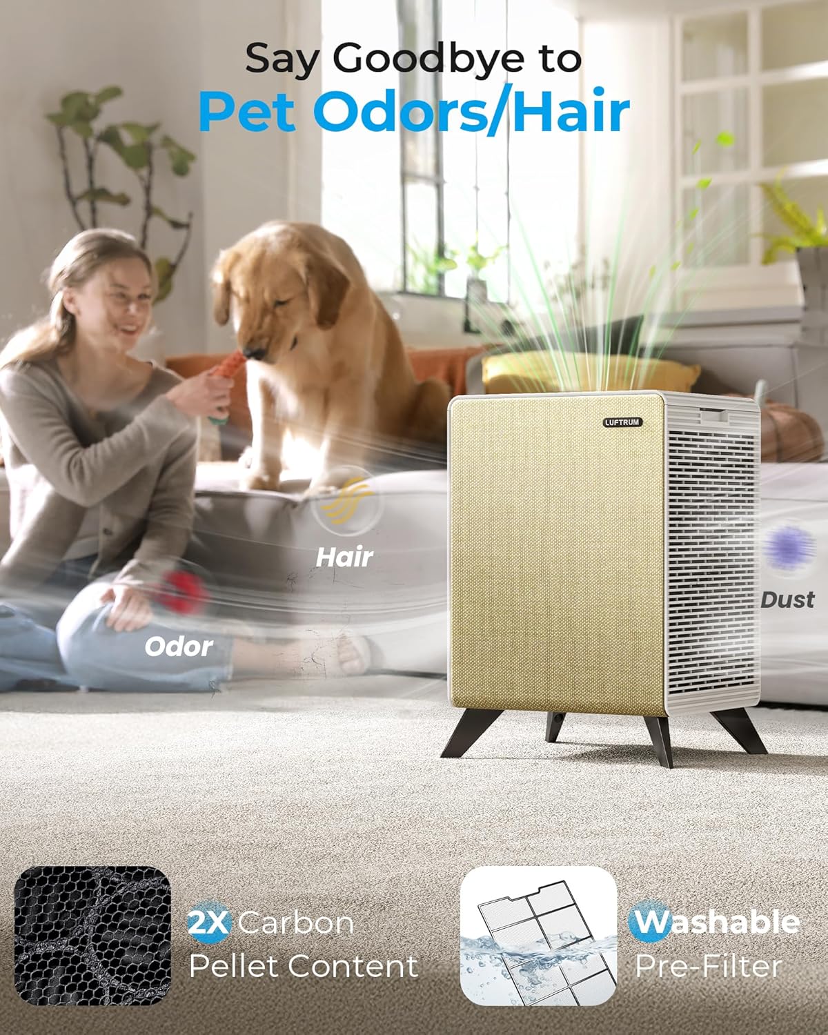Air Purifiers for Home Large Room Up to 2250 ft² - Remove 99% of Smoke Allergies Pet Dander Odor - Dual 3-Stage Filter of Washable Filter and with AQI, Auto Mode, Sleep Mode, Beige, Large