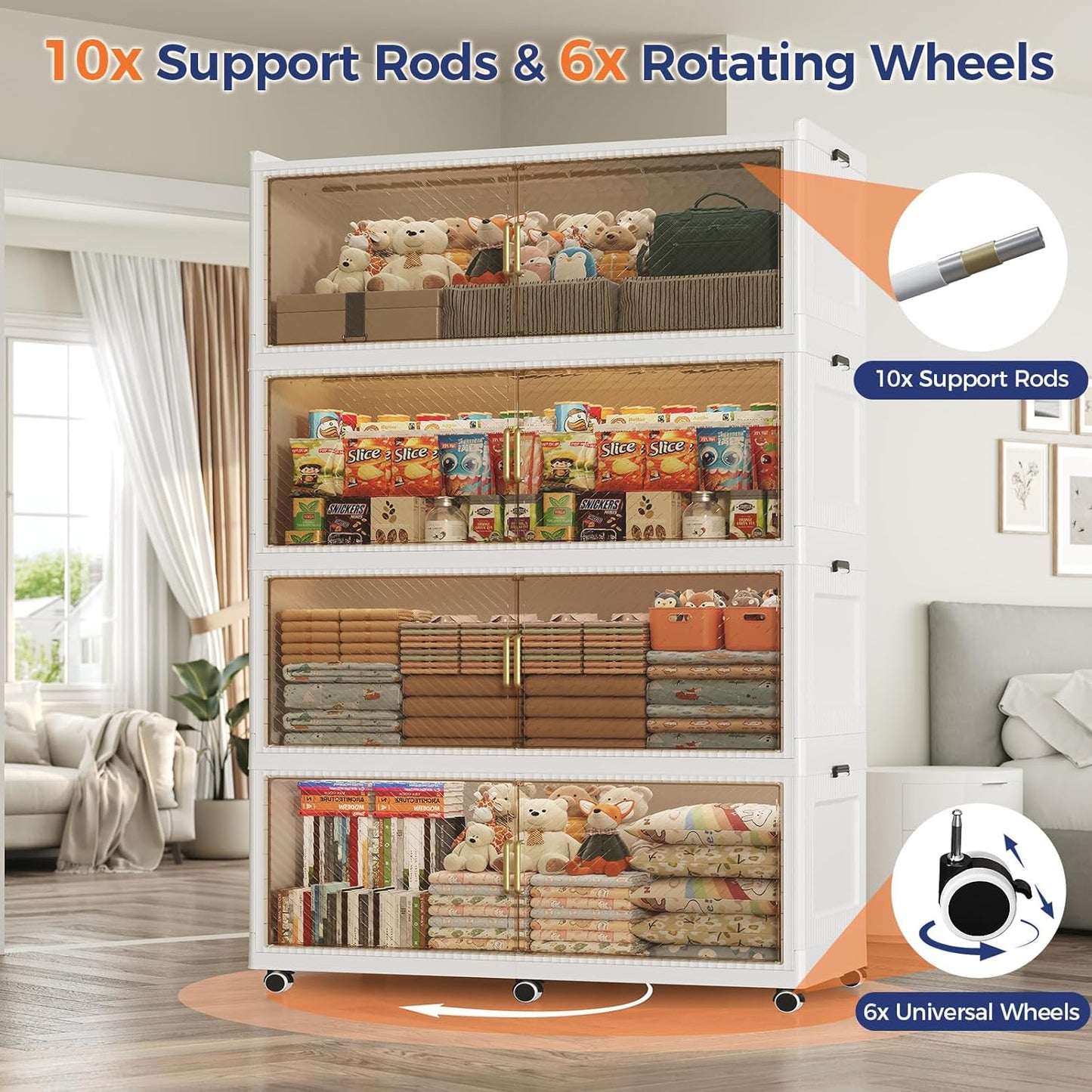 240 Gallon Extra Large Collapsible Storage Bin with Lid, 960QT Stackable Plastic Organizer with 6x Wheels, Foldable Drawer Cabinet for Closet, Living Room Office Dorm 3Pack, White