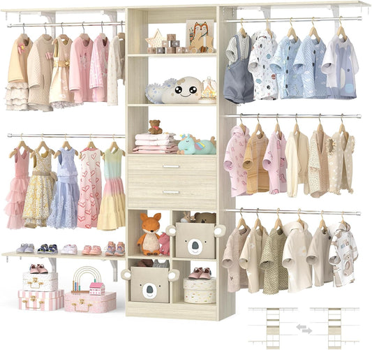 Closet System - 4.75-8FT Closet Organizer System with Wooden Drawers & Cube Storage Organizer, Up To 96" Closet Systems for Nursery & Walk-In Closets with Cuttable Hanging Shelving, Greige Oak