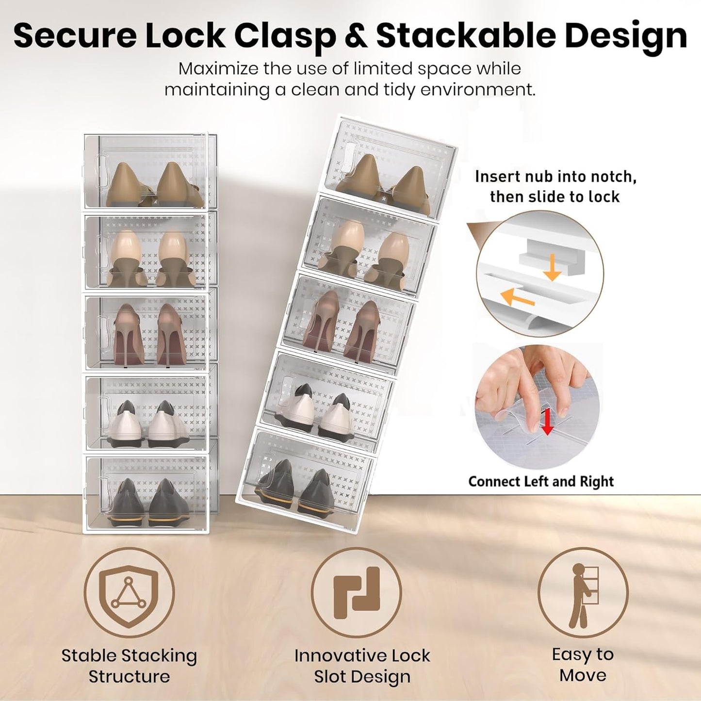 12 Pack XXX-Large Modular Clear Plastic Stackable Shoe Storage Organizer for Closet, Space Saving Versatile Sneaker Shoe Rack Containers Bins Holders, Portable Closet Organizers and Storage, White