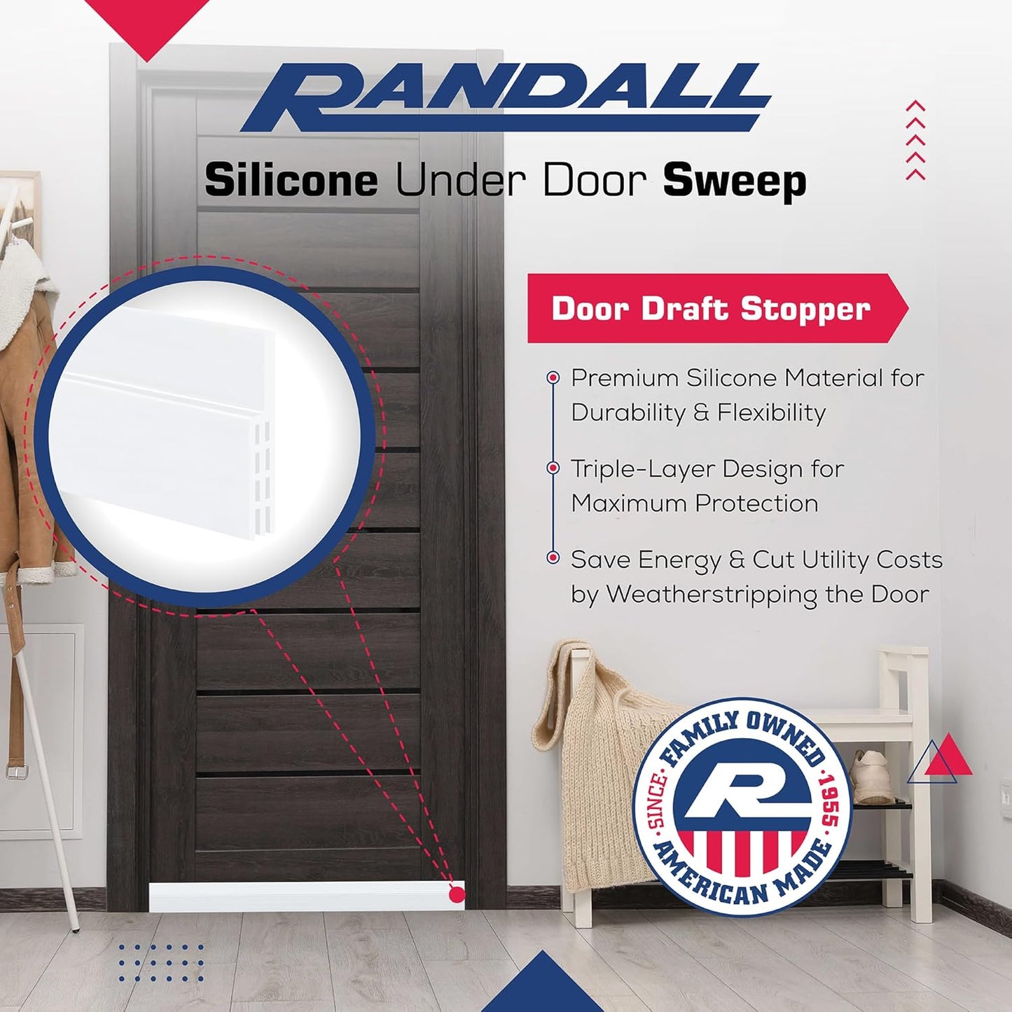 Adhesive Backed Door Draft Stopper – Silicone Under Door Sweep for Interior & Exterior Doors, Noise & Air Insulation, Self Stick Weather Stripping Door Seal, 2" W x 39" L (White) by Randall Mfg