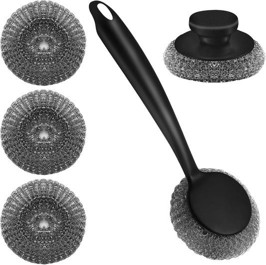 Scrubber with Handle Comes with Three Replacement Balls Steel Wool, Short Handle Scrubber, Steel Wool Scrubber Supplies Dish Scrubber, Stainless Steel Scrubber Tool Metal Scrubber for Dishes