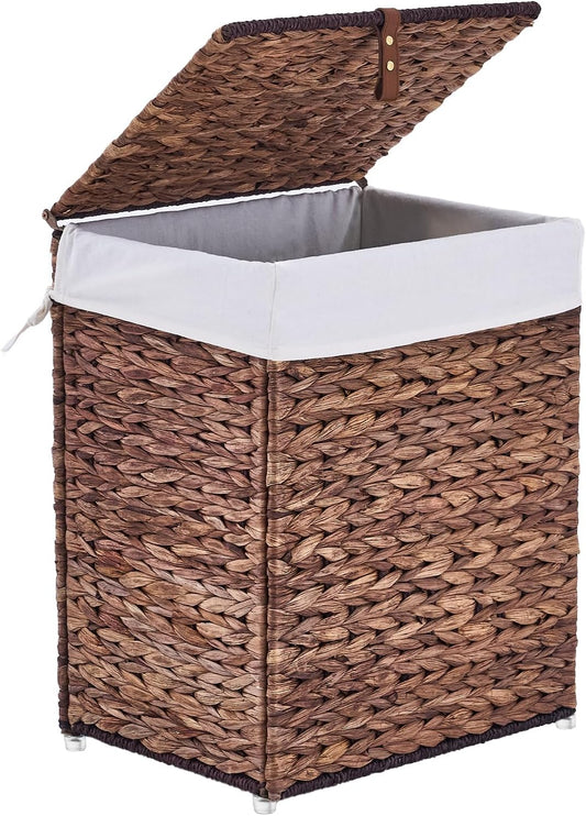 Handwoven Laundry Basket with Lid, Natural Water Hyacinth Storage Basket with Handle, Removable Cotton Liner, Durable and Stylish for Bedroom, Bathroom, Laundry Room