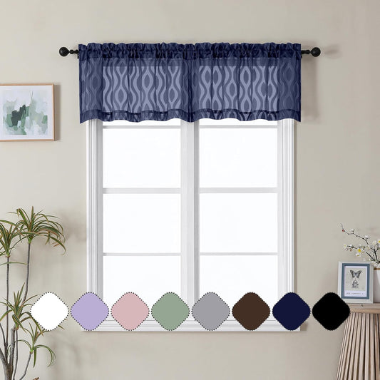 Aiyufeng Blue Valances for Windows, Chic Wavy Line Clip Jacquard Voile Sheer Small Window Curtain for Basement Small Curtains, Lightweight Rod Pocket Short Curtains for Windows, 2 PCS, 40Wx14L Inches