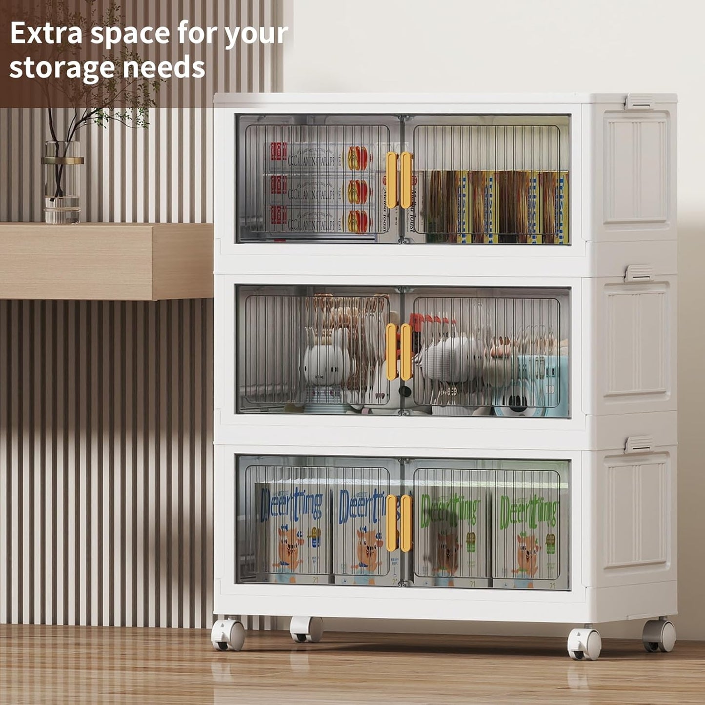 62 Gal Stackable Plastic Storage Bins with Lids 3 Tier, Collapsible Closet Organizers and Storage with Wheels for Living Room,Office,Dorm 26.8" W x 14.4" D x 37" H