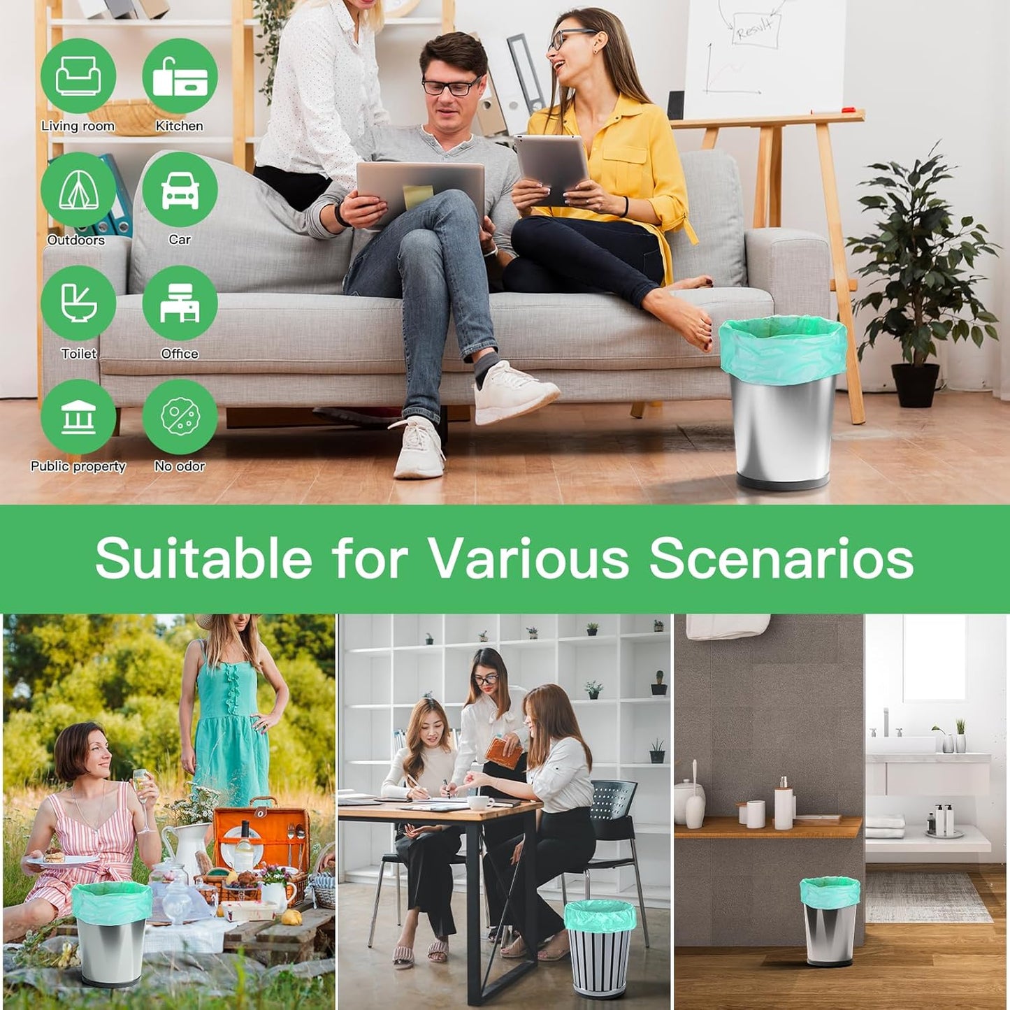 8 Gallon Medium Compostable Trash Bags - Strong Unscented Biodegradable Wastebasket Liners Thick Bathroom Garbage Bag for Kitchen Pet Car Inwaysin (Blue, 5Rolls 100 Count)