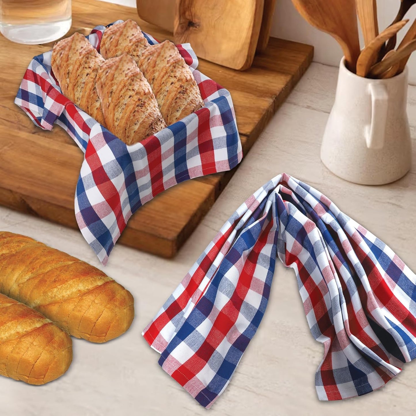 July 4th KitchenTowels Patriotic DishTowels 100% Cotton (Set of 6) 18X28 Inches Highly Absorbent Soft Durable Reusable & Washable Kitchen Towels (Red/Blue/White Buffalo Checks)