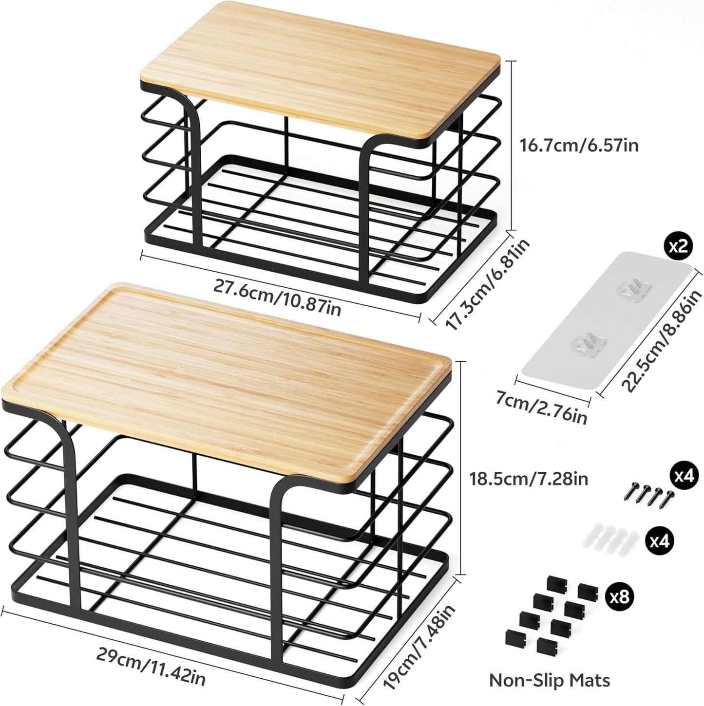 2 Pack Extra Large Stackable Pantry Organizers and Storage,Wall Mount Trash Bag Holder Dispenser with Bamboo Top for Kitchen Laundry Room Organization,Black