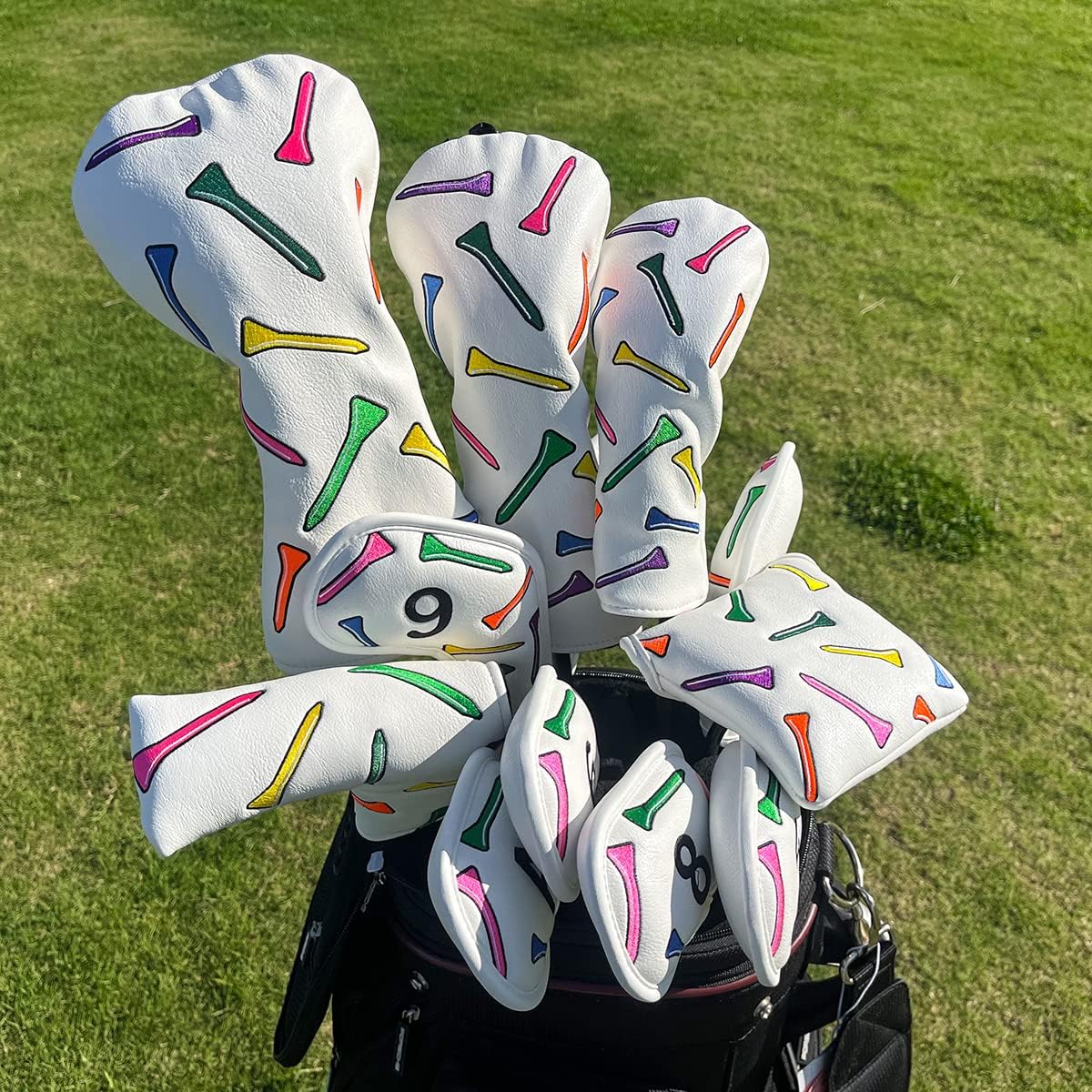 Golf Iron Head Covers 9/10pcs Leather Golf Club Covers for Iron with Magic Tape Fit Most Brand(Colorful Tee/10pcs)