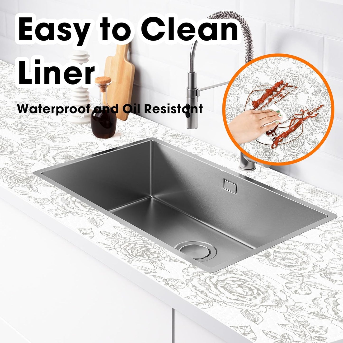 Drawer and Shelf Liner for Kitchen Cabinets Non-Adhesive, Non-Slip Cabinet Liner Shelf Paper Strong Grip Waterproof Easy to Clean for Kitchen Shelves Cupboard, Flower,17.5IN X 30FT