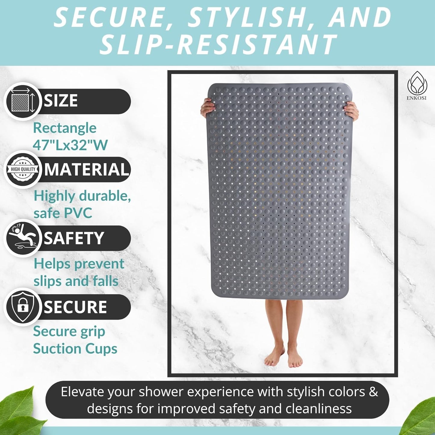 ENKOSI Extra Large Shower Mat Non Slip - 47 x 32 inch - XL Bathroom Shower Mat - Large Shower Matts for Shower Stall Floors - Secure Suction Cups and Drain Holes (47x32 Grey)