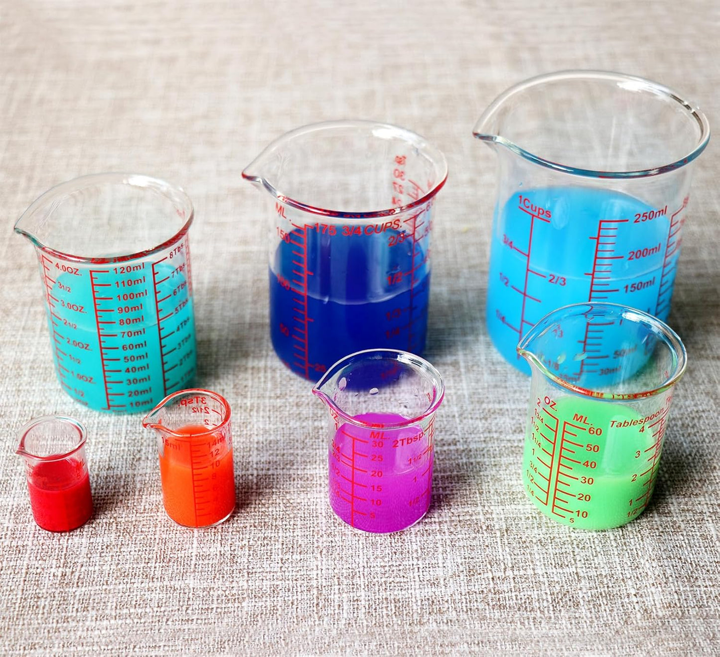 Ackers 7-Piece Glass Measuring Cup Set, Borosilicate Beaker Style Nesting Liquid Measuring Cups