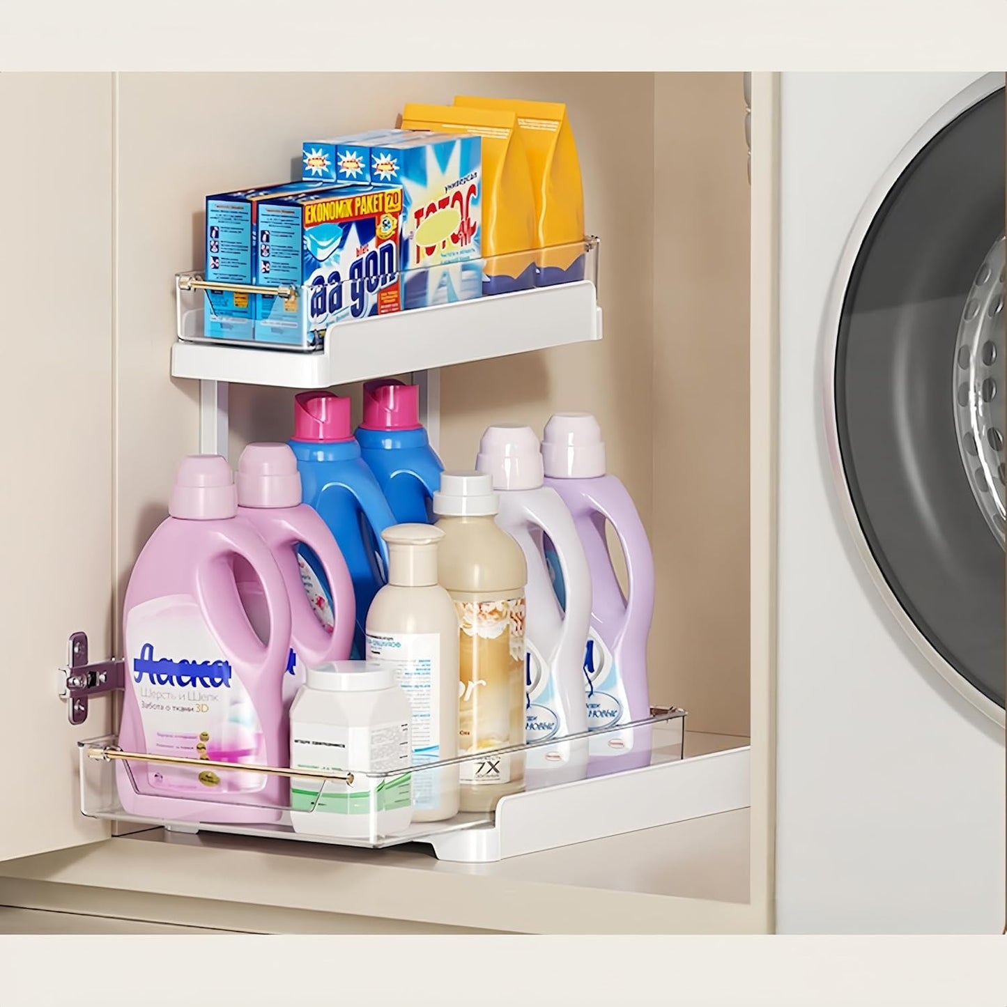 heart & home 1-Pack Under Sink Storage Organizer for Kitchen & Bathroom Cabinets with Removable Washable Tray, Tool-Free Assembly – Multi-Purpose for Kitchen Countertop, Vanity, & Laundry Room，White