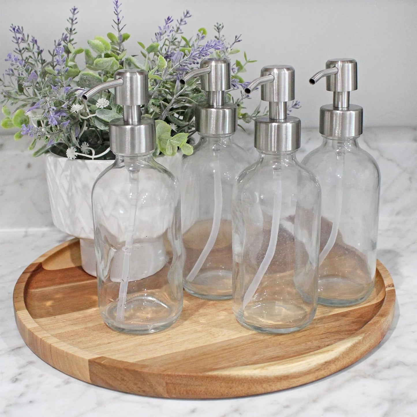 Cornucopia Brands 8-Ounce Clear Glass Boston Round Bottles w/Stainless Steel Lotion Pumps (4-Pack); Empty Refillable Liquid Soap & Lotion Bottles