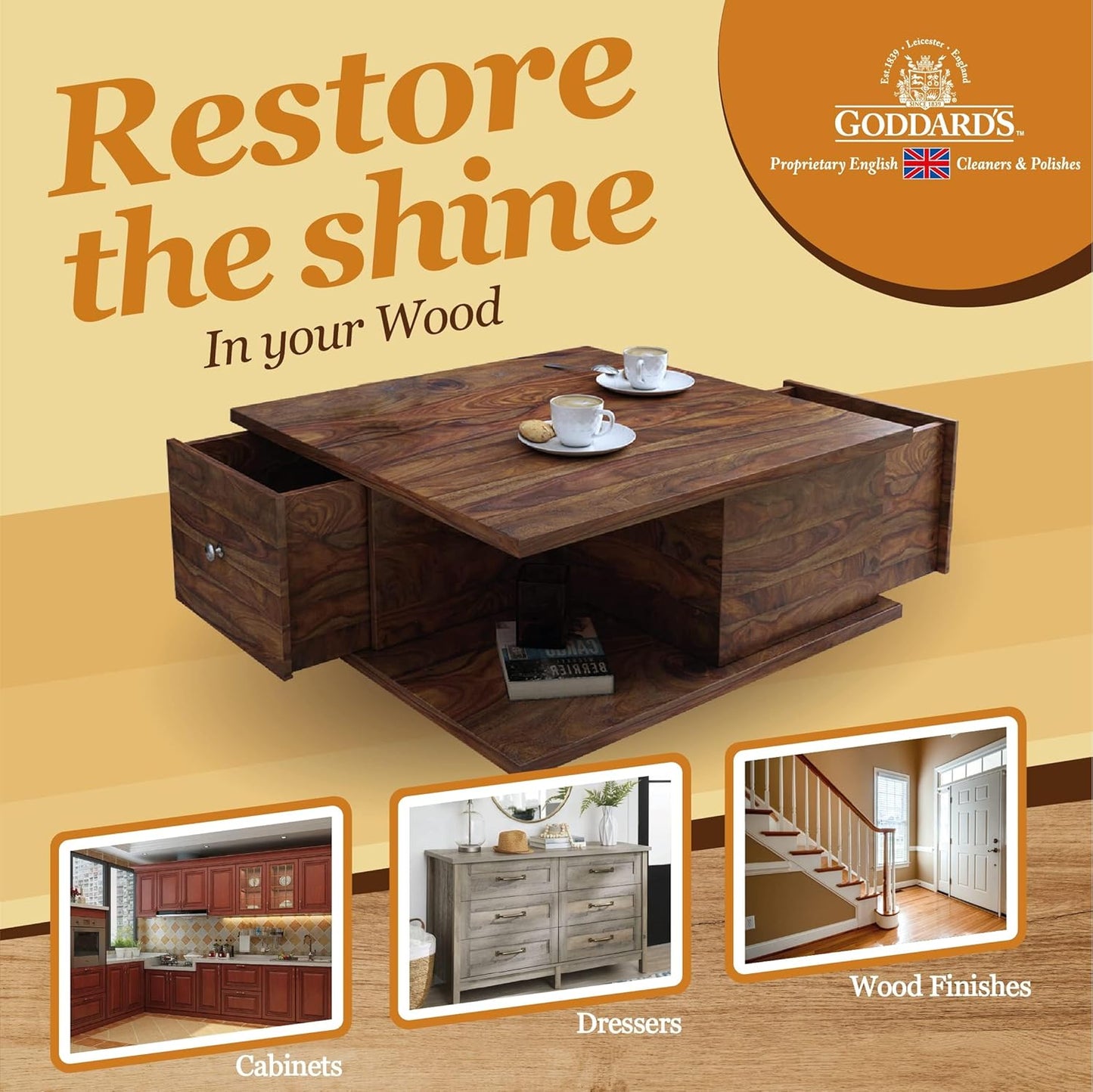 Goddard's Cabinet & Wood Wax Spray, Wood Cleaner & Furniture Polish, Wood Conditioner with Beeswax and Lemon Oil, Shine & Stain Protection, 23 oz