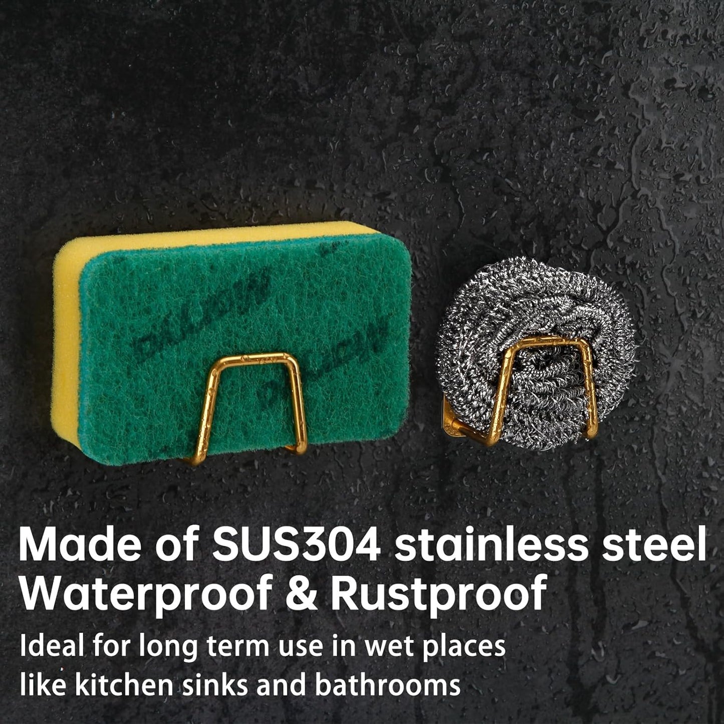 2Pcs Adhesive Sponge Holder for Kitchen Sink Essentials, Stainless Steel Dish Soap Holder, Rustproof and Waterproof, Quick Drying, Minimal Size Saves Space, Gold