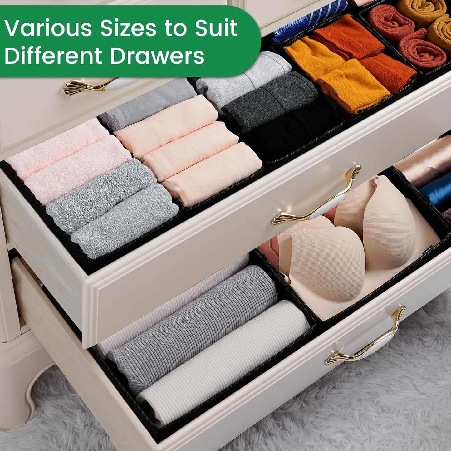 Criusia Drawer Organizer Clothes, 24 Pack Underwear Drawer Organizers, Foldable Closet Organizers and Storage Dresser Drawer Dividers Clothing Organizer for Clothes, Socks, Scarves, Bra, Ties (Black)