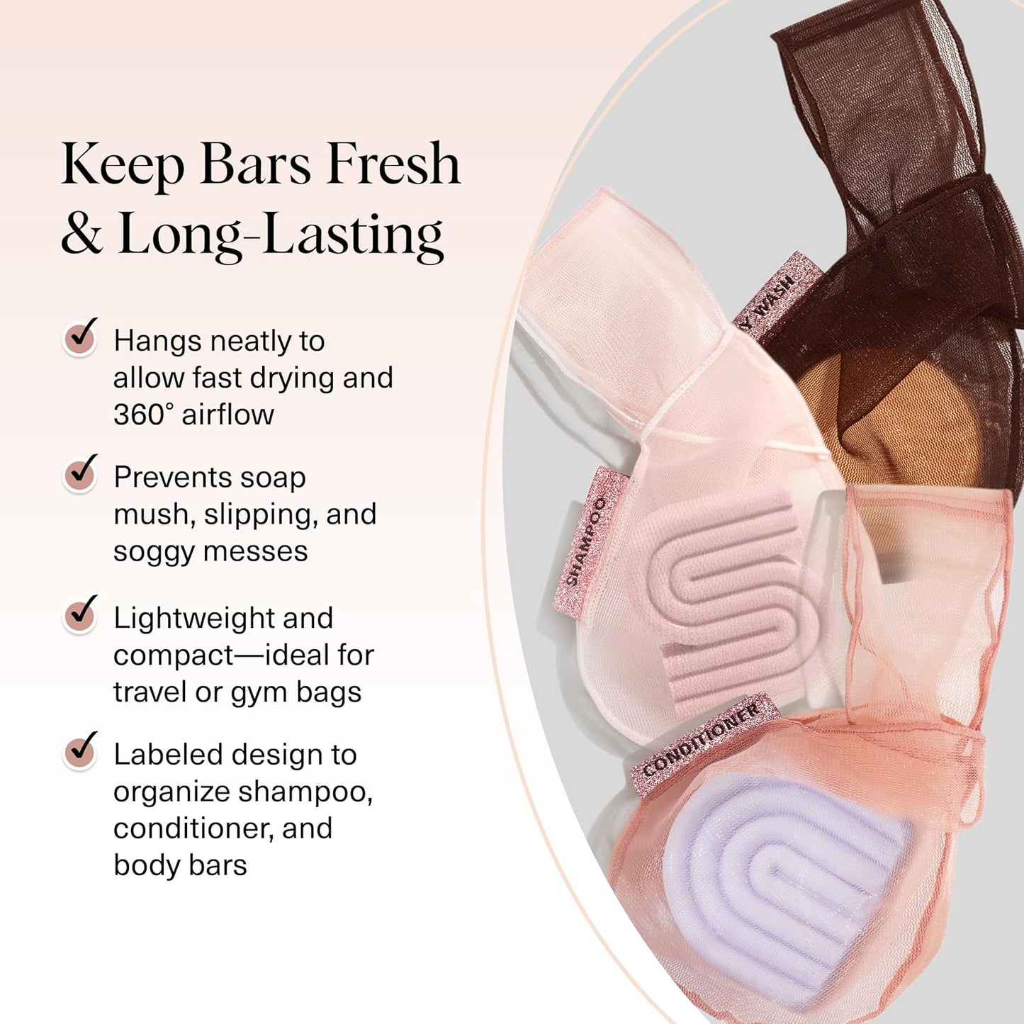 Kitsch Bar Soap Saver Bag – Patented Mesh Bag Soap Holder for Shampoo, Conditioner & Body Wash Bar - Extends Use & Prevents Soggy Mess - Recycled Mesh Pouch - Blush, Terracotta & Chocolate, 3pc Set