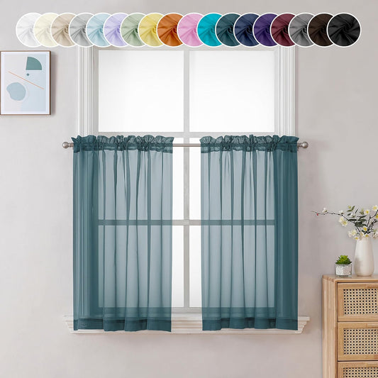 Chyhomenyc Sheer Stone Blue Tier Curtains 24 Inch Length, Small Window Curtains Treatment for Bathroom Living Room Basement, Short Rod Pocket Cafe Curtain, 42W x 24L Inches, 2 Panels