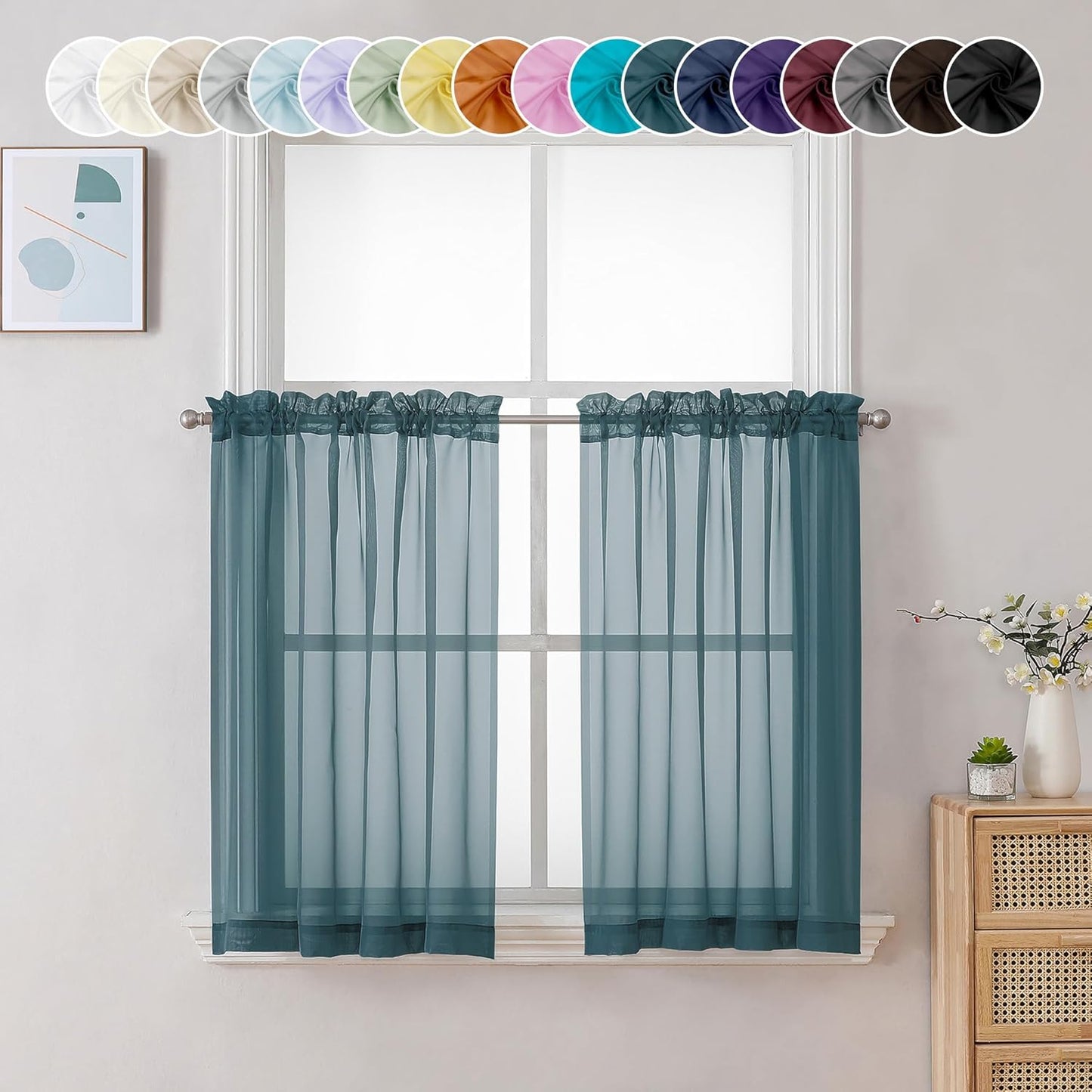 Chyhomenyc Dusty Blue Sheer Curtains 36 inch Length 2 Panels, Light Filtering Voile Short Window Curtians for Bathroom Small Windows, 42Wx36L inches,Stone Blue