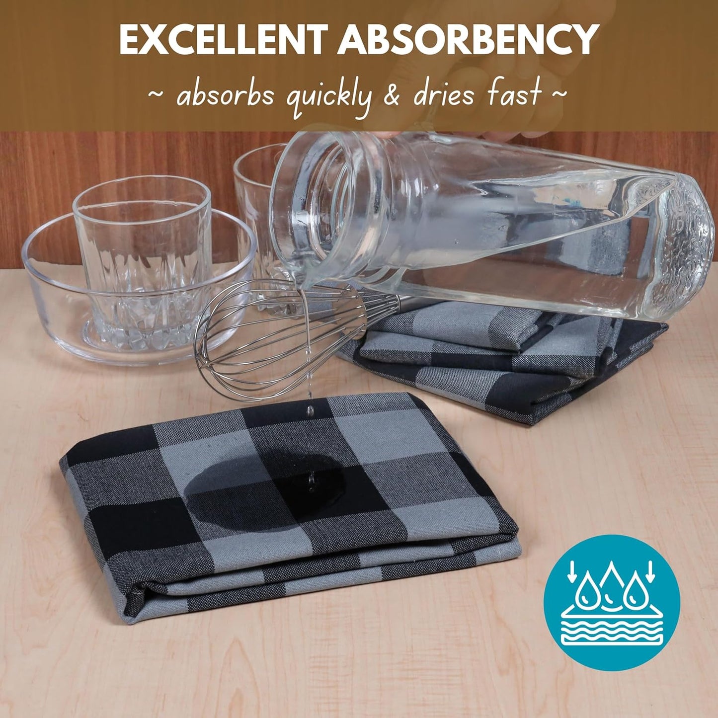 Native Fab 12 Pack Buffalo Check Kitchen Dish Towels, Cotton, Durable, Washable 16"x26" - Tea Towels, Soft Absorbent Cleaning Towel, Hand Towels with Hanging Loop - Black, Grey