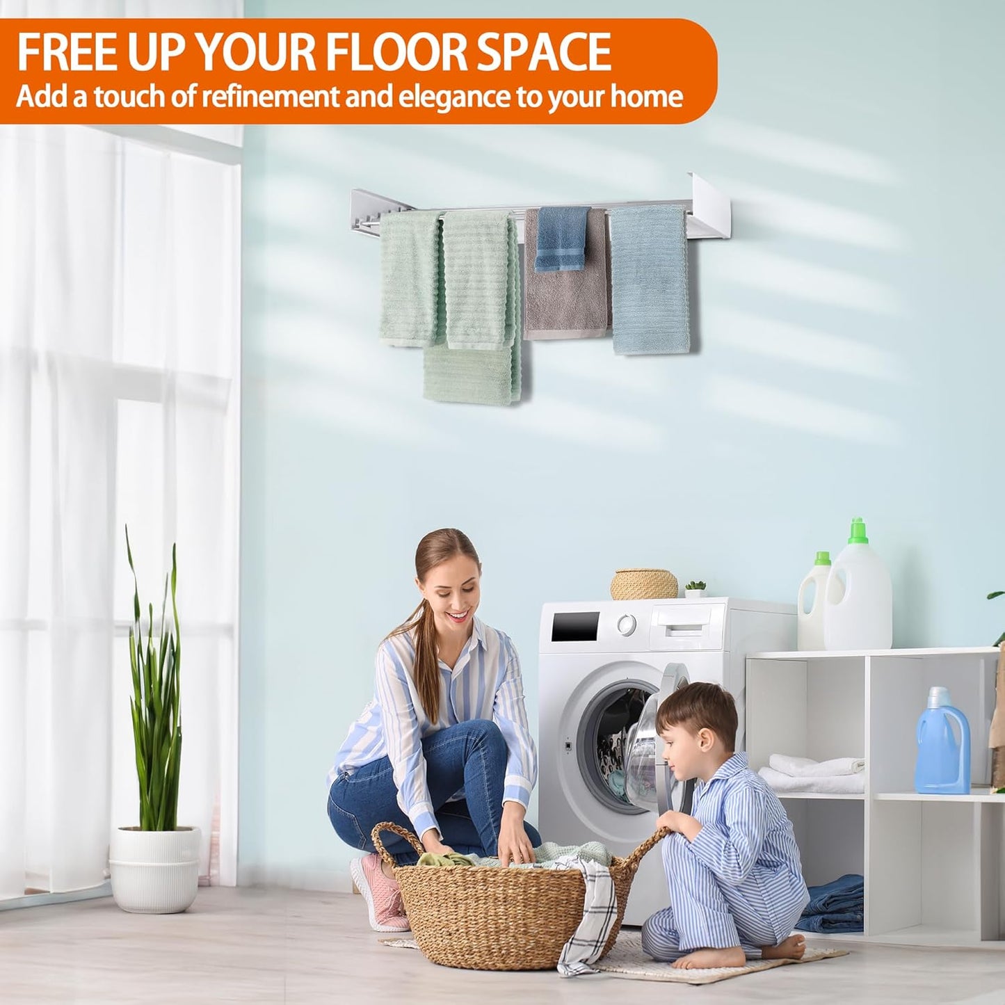 FOCHIER F Laundry Drying Rack Wall Mounted Clothes Drying Rack Collapsible with 4 Aluminum Rods and Drilling Template Long Screwdriver Bit 60 lbs Capacity (White, 23.6")