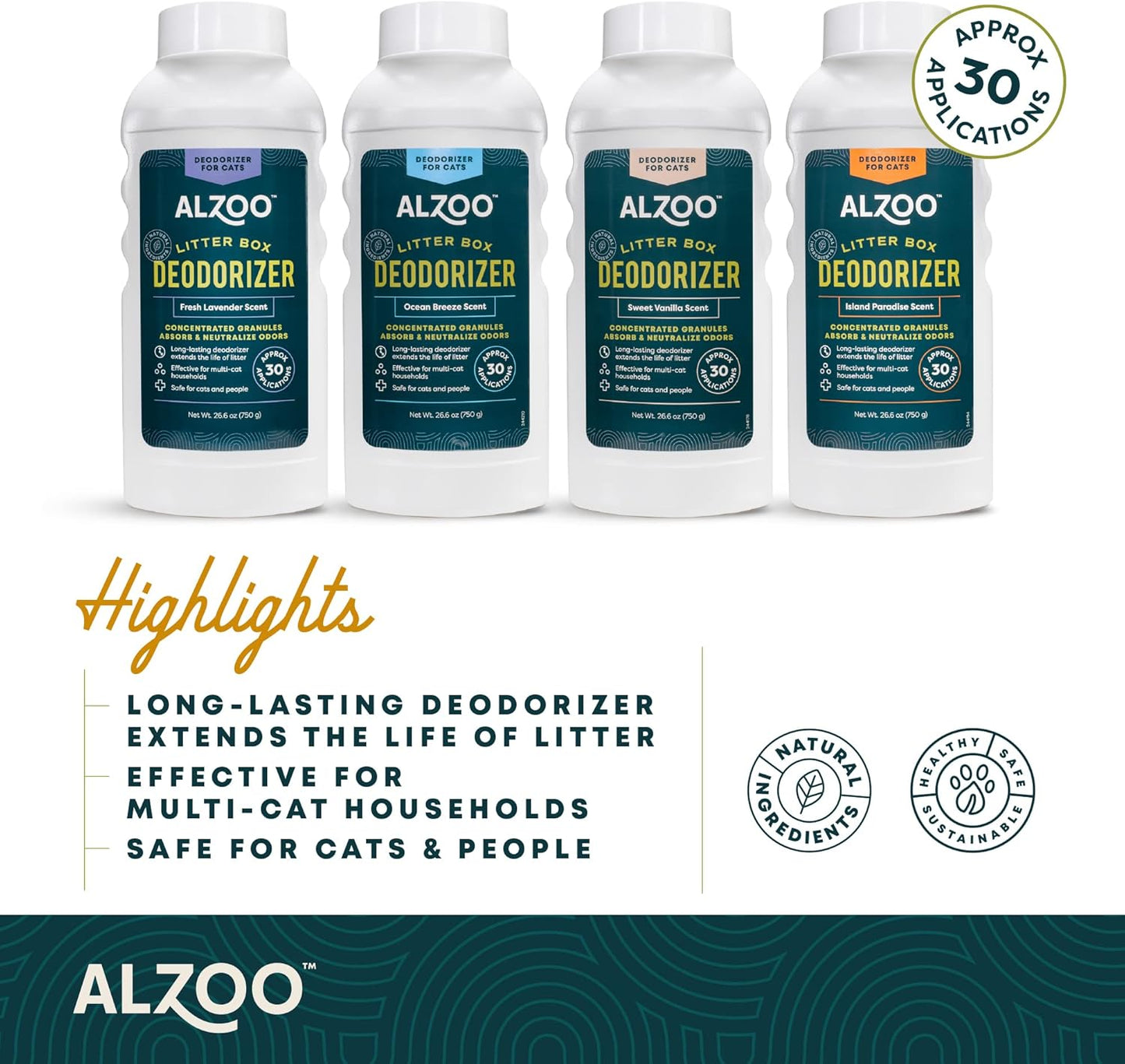 ALZOO Cat Litter Deodorizer, Concentrated Granules Absorb & Help Neutralize Odors, 100% Plant-Based Active Ingredients, Up to 30 Uses, Island Paradise Scent, 26.6 Oz.