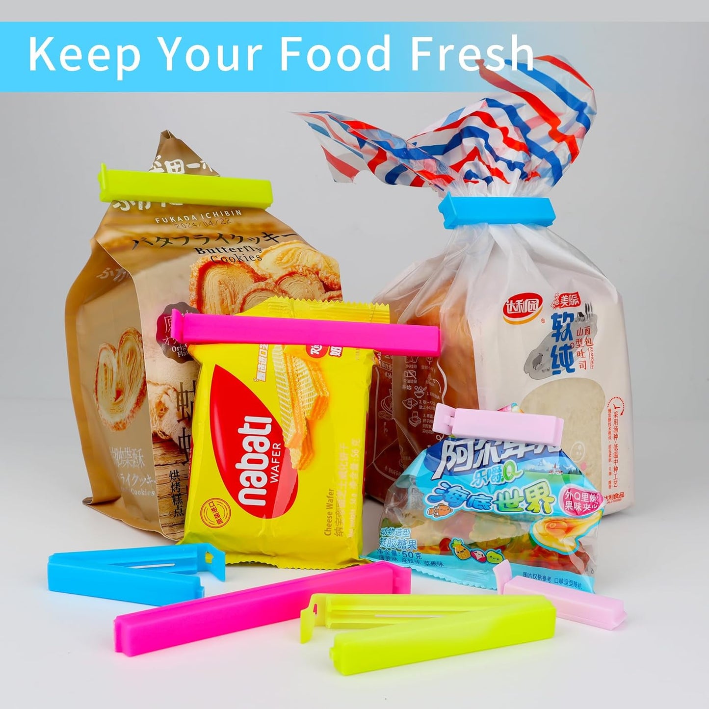 34 Pack Plastic Chip Clips - Resealable Sealing Clips for Food Storage & Snack Bags - 4 Sizes, Bright Colors - 2.4"/3.2"/4.3"/5.5"