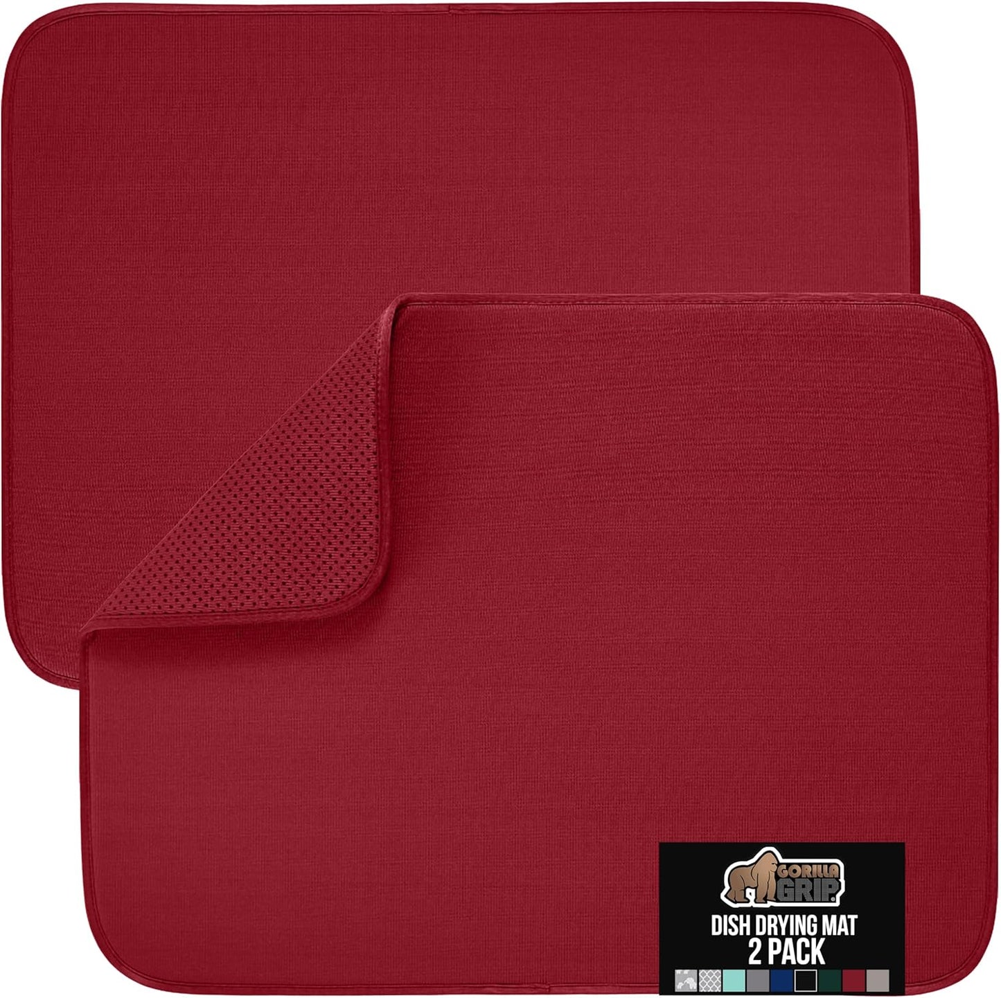 GORILLA GRIP Ultra Water Absorbent Microfiber Dish Drying Mat, Quick Dry Thick Mesh, Slip Resistant Pad for Sink Dishes or Under Rack, Kitchen Counter Accessories, 16x18, Machine Wash, 2 Pack Red