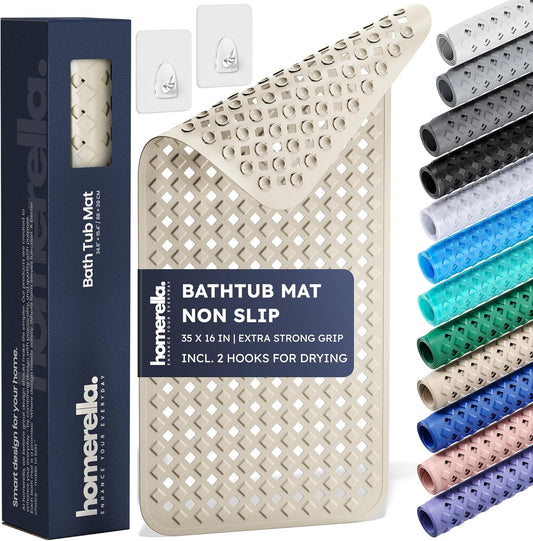 homerella® Bathtub Mat Non Slip 35x16, Incl. Hooks for Drying, Extra Long, 100% BPA Free, Shower Mat Non Slip Anti Mold, Machine Washable, Shower Mats for Inside Shower Mildew Resistant