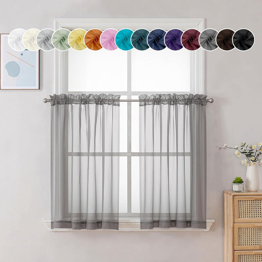 Chyhomenyc Charcoal Grey Sheer Curtains 30 inch Length 2 Panels, Light Filtering Voile Rod Pocket Short Window Curtians for Bathroom Living Room Farmhouse Small Windows, 42Wx30L inches