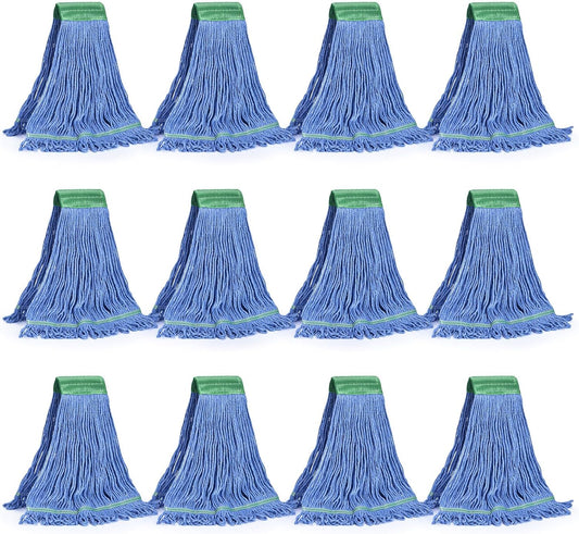 Matthew Cleaning Commercial Mop Head Replacement, 5 Inch Wide Headband, Looped End Cotton Blend String Wet Mops for Floor Cleaning, 18 oz Medium, Case Pack 12 Pcs Blue