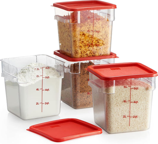 CURTA 4 Pack Food Storage Container with Red Lid - NSF Listed Commercial Grade in 8.0 Qt - Square, Clear, Polycarbonate