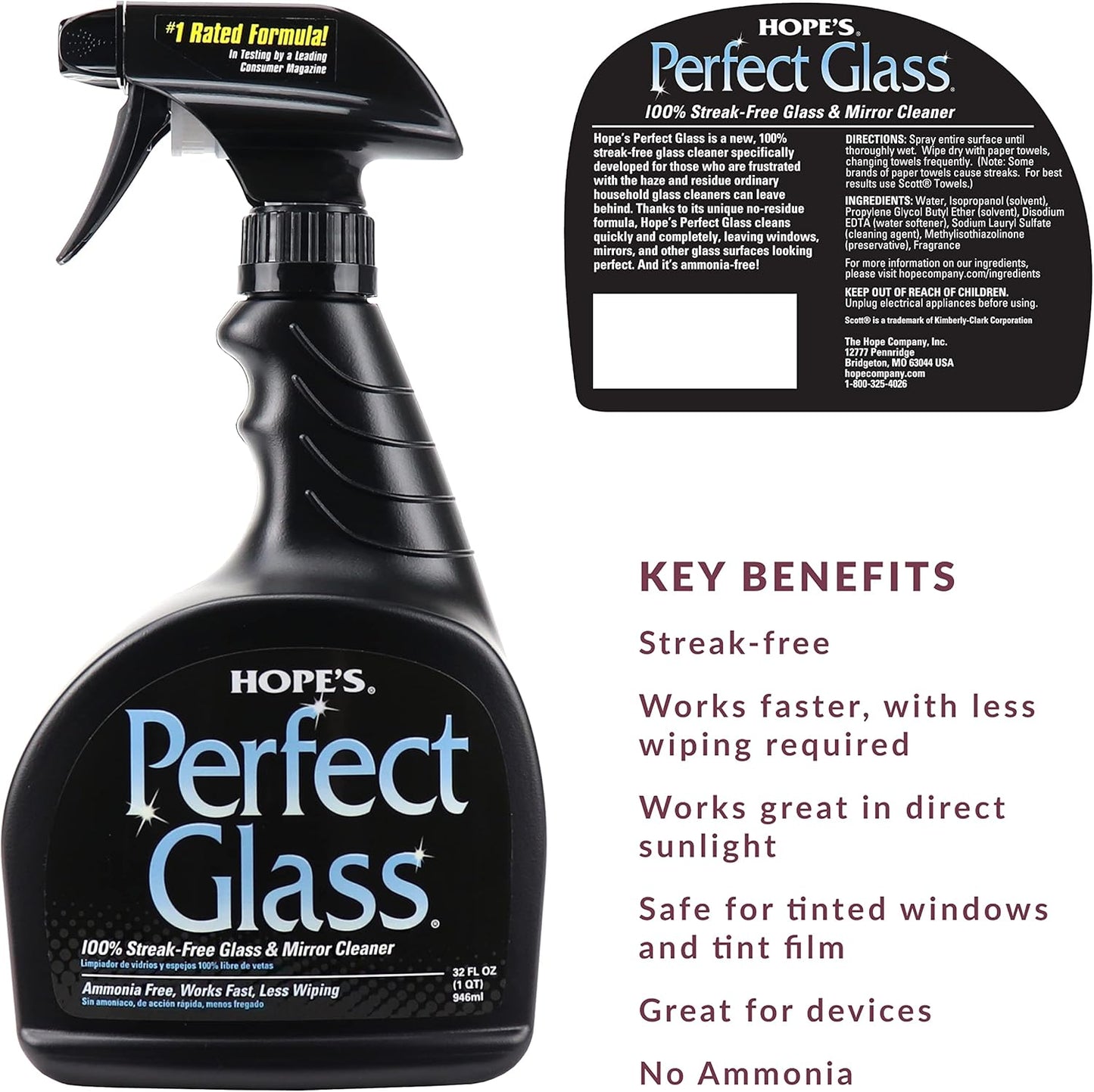 HOPE'S Perfect Glass Cleaner Spray, Streak-Free, Ammonia-Free Window, Mirror, Screen, Tinted Glass, and Shower Door Cleaner, Indoor and Outdoor Glass Surfaces, 32 Fl Oz, Pack of 1